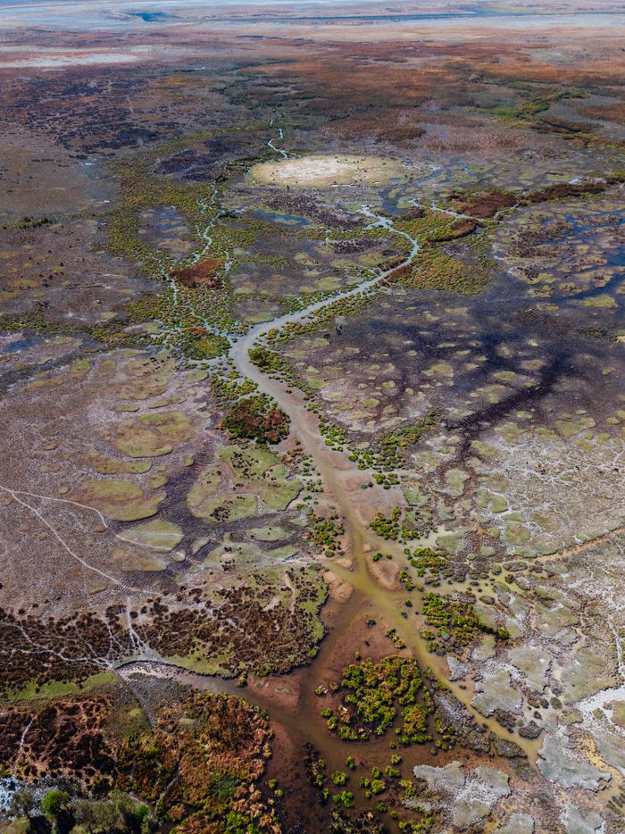 A stunning aerial view of an arid landscape featuring a winding riverbed and sparse vegetation.